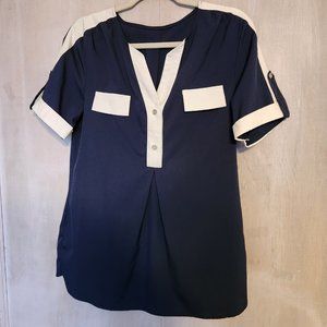 Unlabled Navy & White Blouse w/ Silver Buttons
